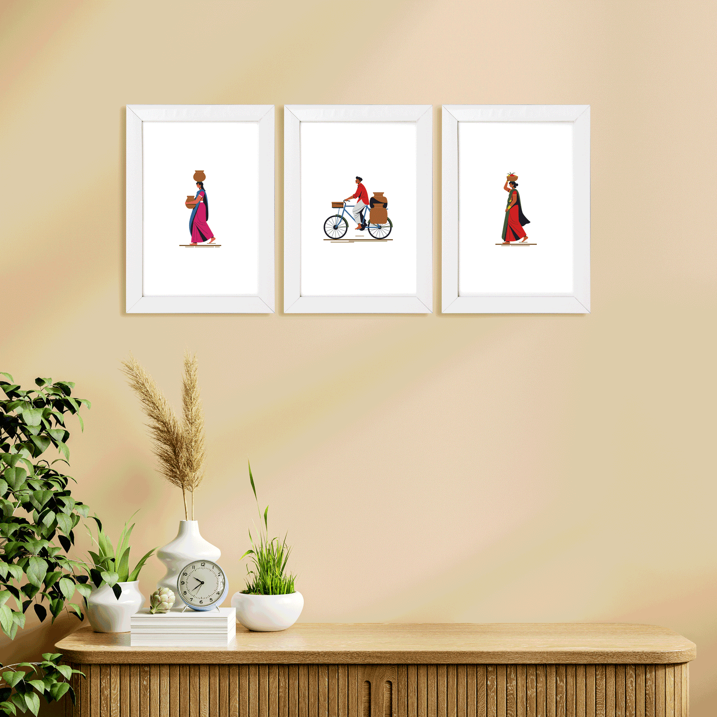 Talking Walls Synthetic White Wall Mounting Photo Frame - Village Culture (Combo of 3)