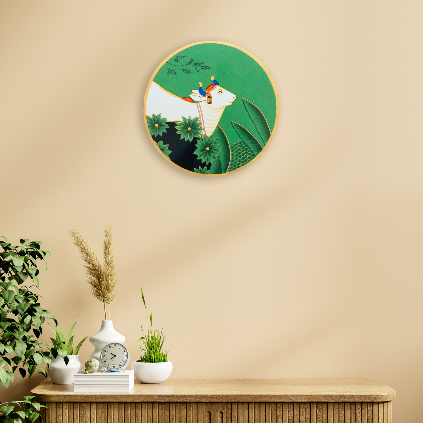 Pichwai Traditional Cow Painting Handmade Green, 12Inch X 12Inch