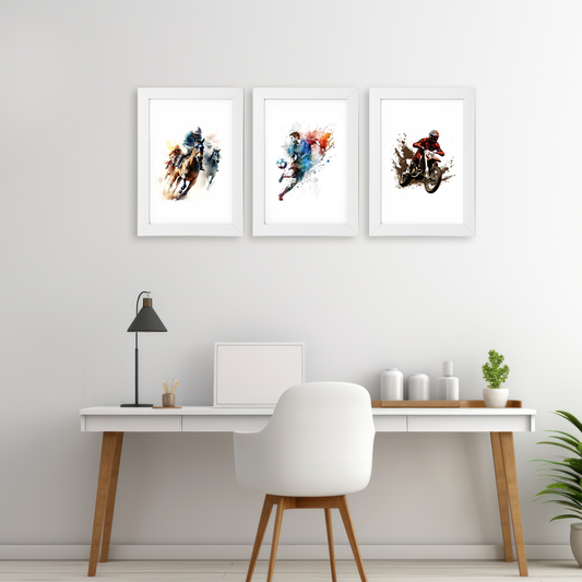Sports Wall Art - Horse Riding, Football, Biker - Wall Mounting Photo Frame - Including Picture (Combo of 3)
