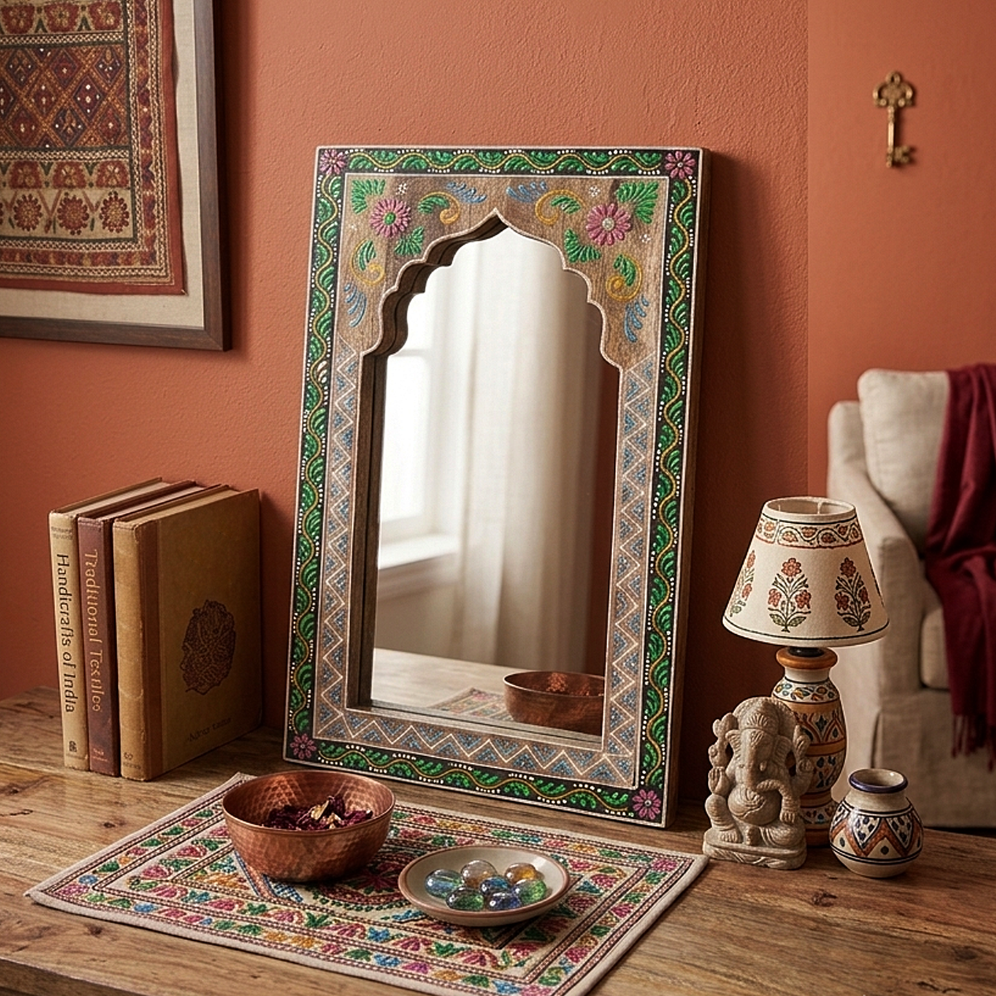 Hand-Painted Rajsthani-Inspired Jharokha Mirror