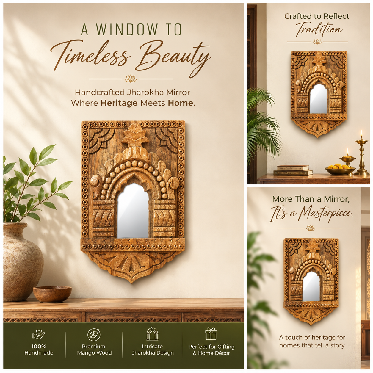 Wall Decor Hand-Crafted Rajsthani Jharokha with Mirror